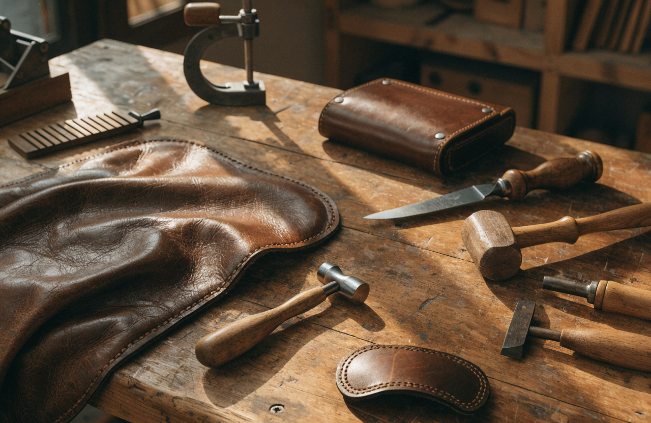 Full-grain leather goods and hand tools on a wooden workbench